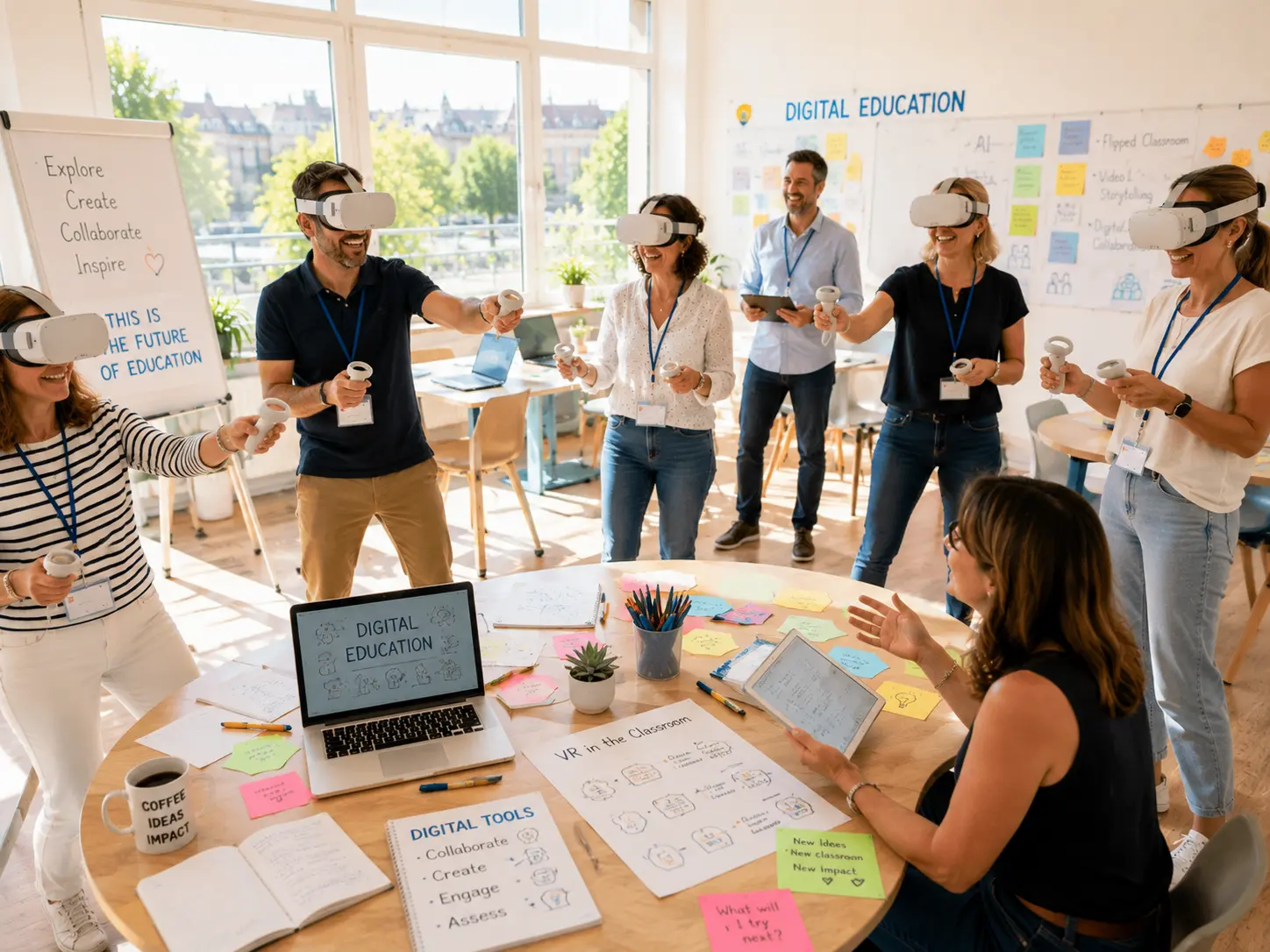 Digital education 1 Digital education courses for teachers: participants trying virtual reality headsets during an Erasmus+ course in Bordeaux