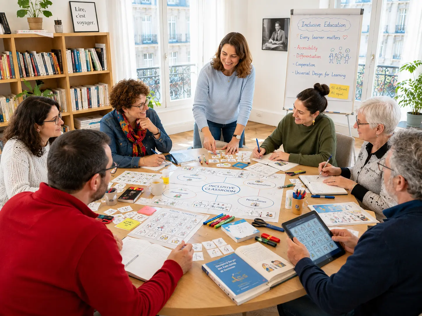 Teachers collaborating on inclusive classroom strategies during an Erasmus+ course in Bordeaux