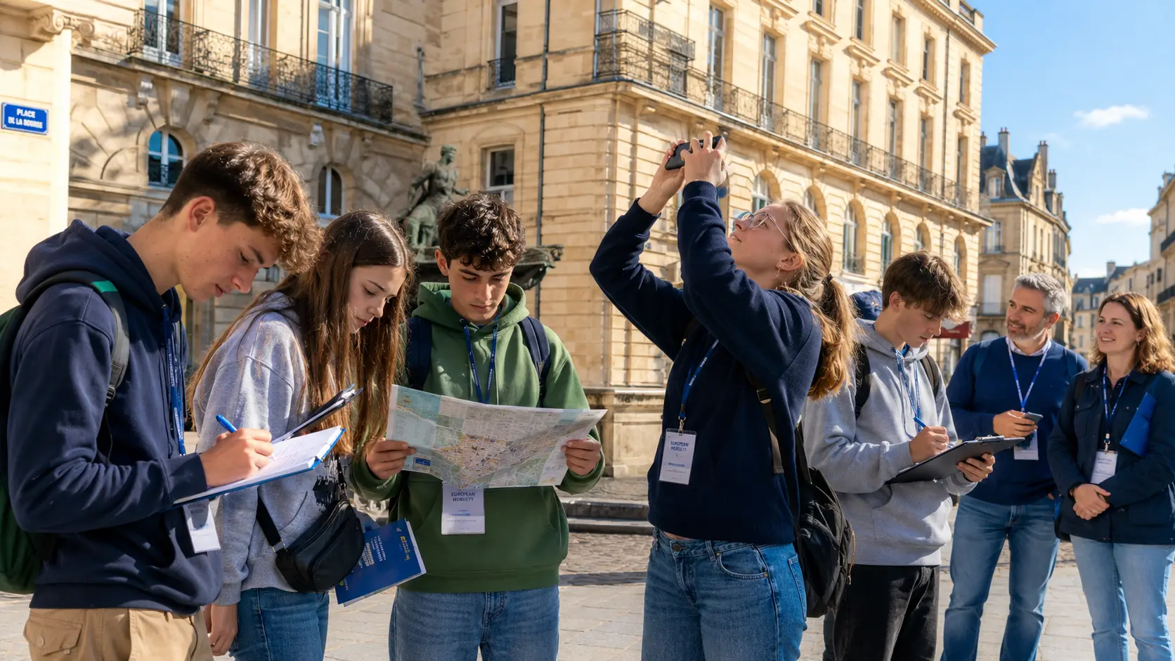 School group mobilities in Bordeaux, pupils completing observation worksheets at Place de la Bourse with their teachers